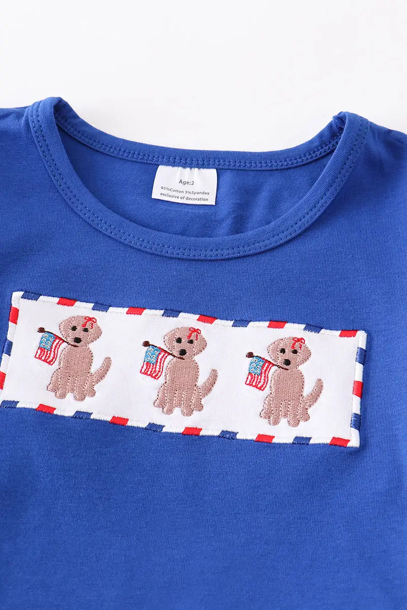 Navy Three Dogs Patriotic Embroidery Girl Short Set  - Doodlebug's Children's Boutique