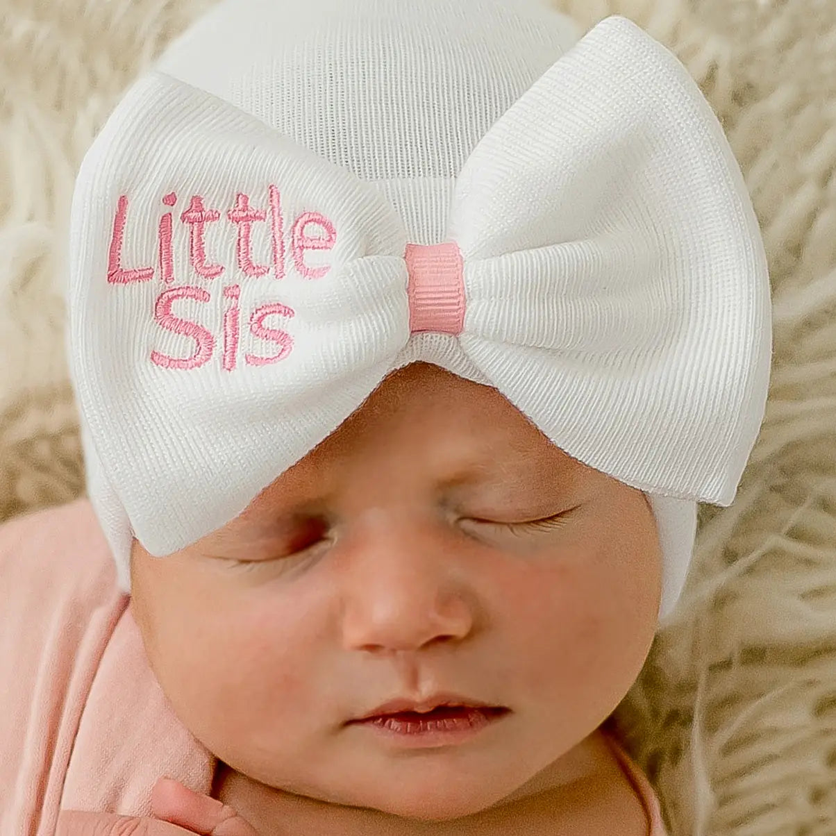 Little Sis Embroidered Bow Newborn Hospital Hat - Doodlebug's Children's Boutique