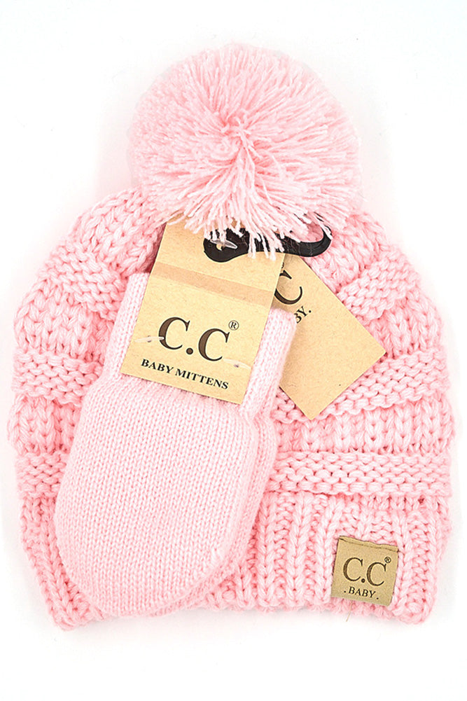 Pale Pink Ribbed Baby Pom Beanie and Mittens Set - Doodlebug's Children's Boutique