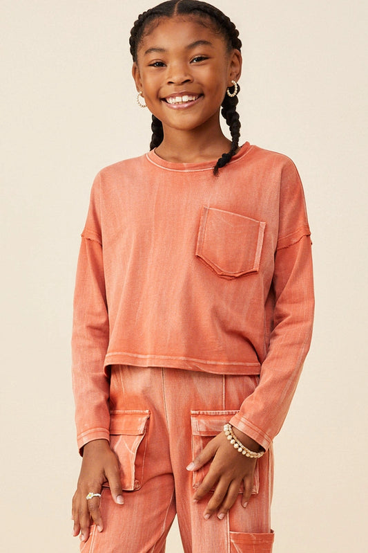 Rust Washed Pocket Long Sleeve Top - Doodlebug's Children's Boutique