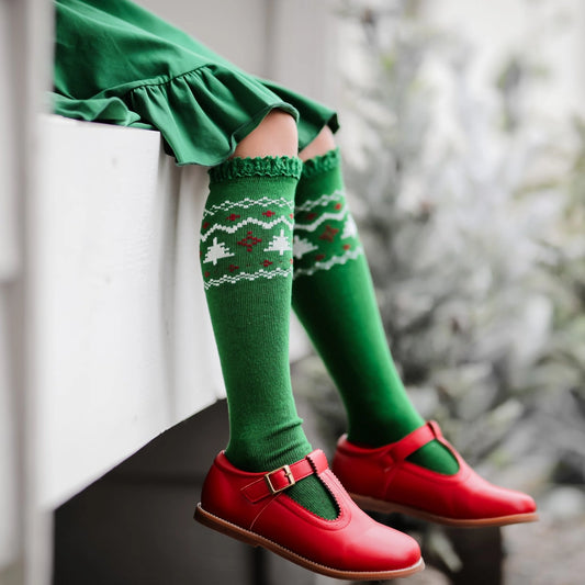 Lace Top Knee Highs in Green Christmas Argyle  - Doodlebug's Children's Boutique