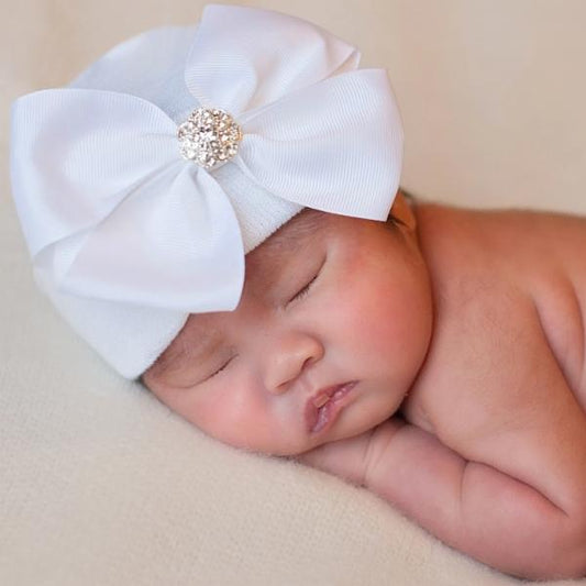 White Bella Bow Newborn Hospital Hat  - Doodlebug's Children's Boutique