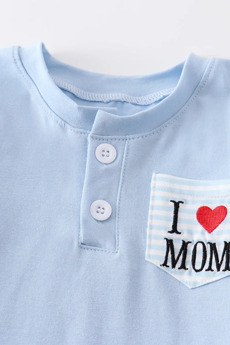 Blue Love Mom Embroidery Boy Top  - Doodlebug's Children's Boutique