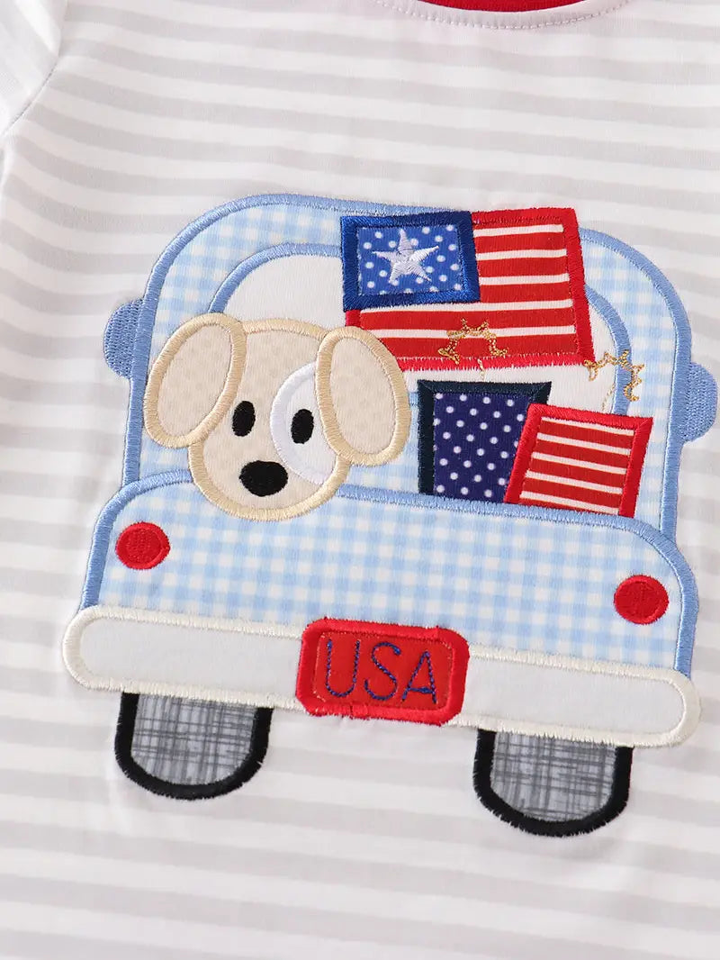 Flag Dog Car Patriotic Applique Romper  - Doodlebug's Children's Boutique