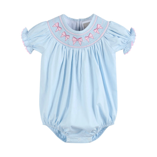 Blue and Pink Bows Smocked Romper - Doodlebug's Children's Boutique