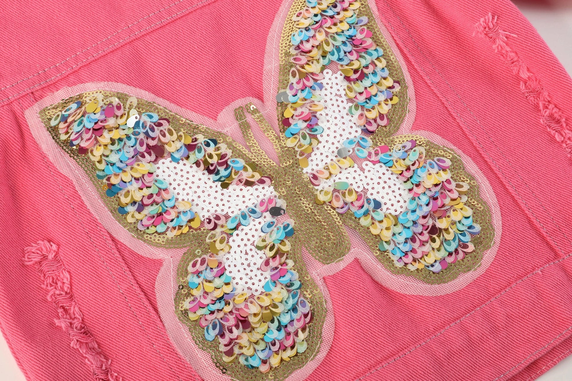 Pink Denim Butterfly Sequin & Pearl Jacket  - Doodlebug's Children's Boutique