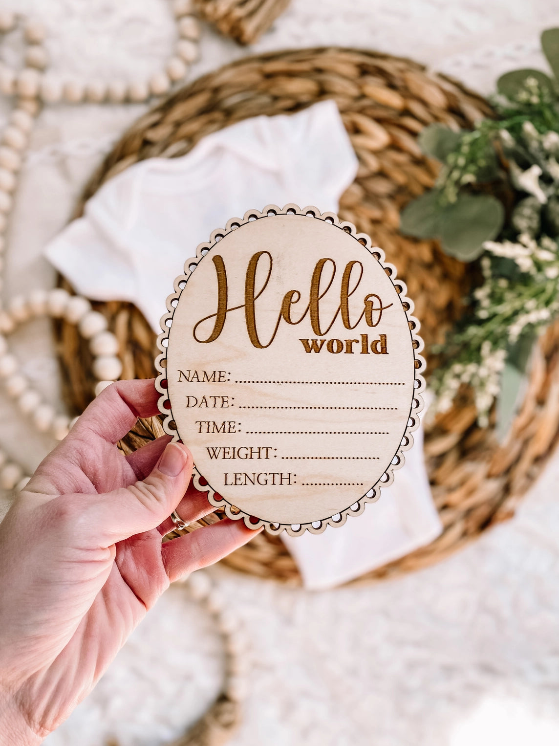 Scalloped Hello World Wood Stat Plaque - Doodlebug's Children's Boutique