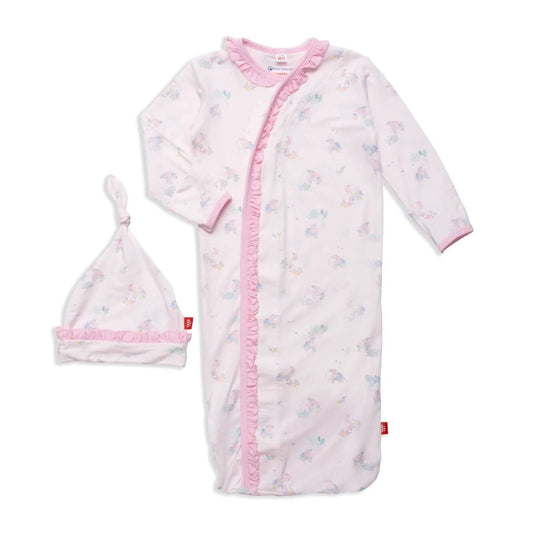Forget Me Not Modal Magnetic Cozy Sleeper Gown + Hat in Pink  - Doodlebug's Children's Boutique