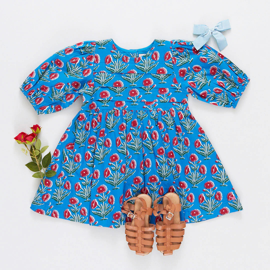 Evelyn Dress in Blue Dandelion  - Doodlebug's Children's Boutique