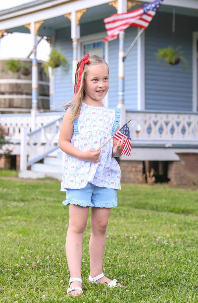 Ruffle Applique Shorts Set in Let Freedom Ring  - Doodlebug's Children's Boutique