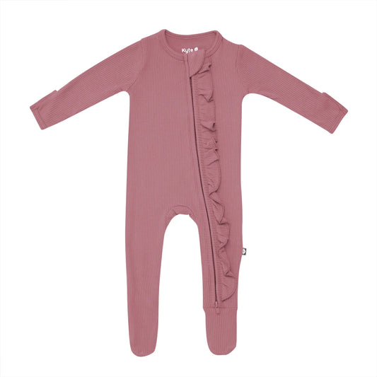 Ribbed Ruffle Zippered Footie in Dusty Rose  - Doodlebug's Children's Boutique