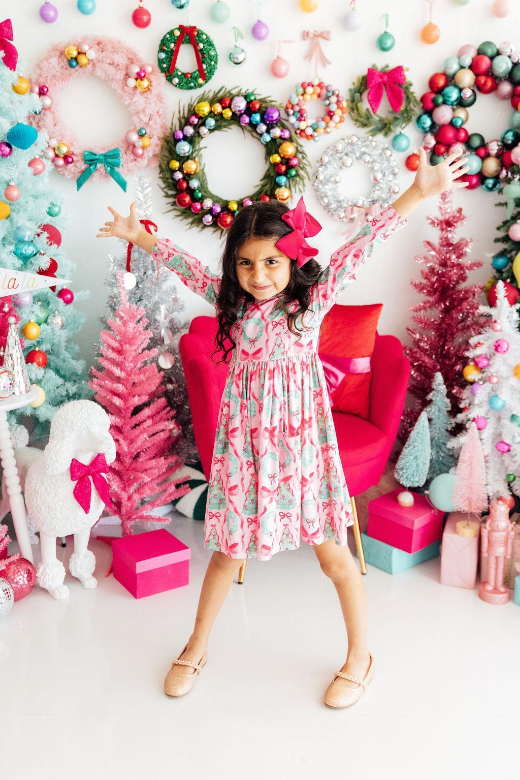 Jingle Bows Long Sleeve Pocket Twirl Dress - Doodlebug's Children's Boutique