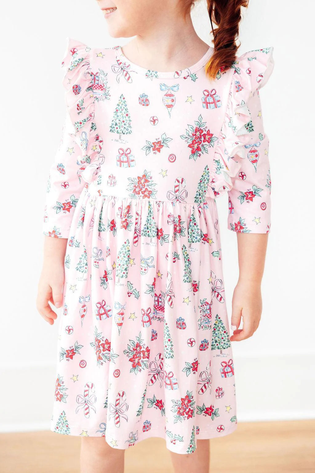 Pink Christmas 3/4 Sleeve Ruffle Twirl Dress - Doodlebug's Children's Boutique