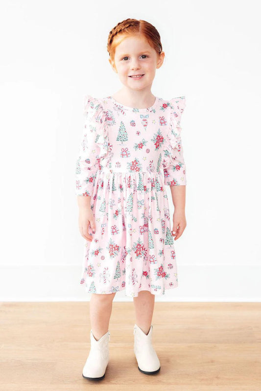 Pink Christmas 3/4 Sleeve Ruffle Twirl Dress - Doodlebug's Children's Boutique