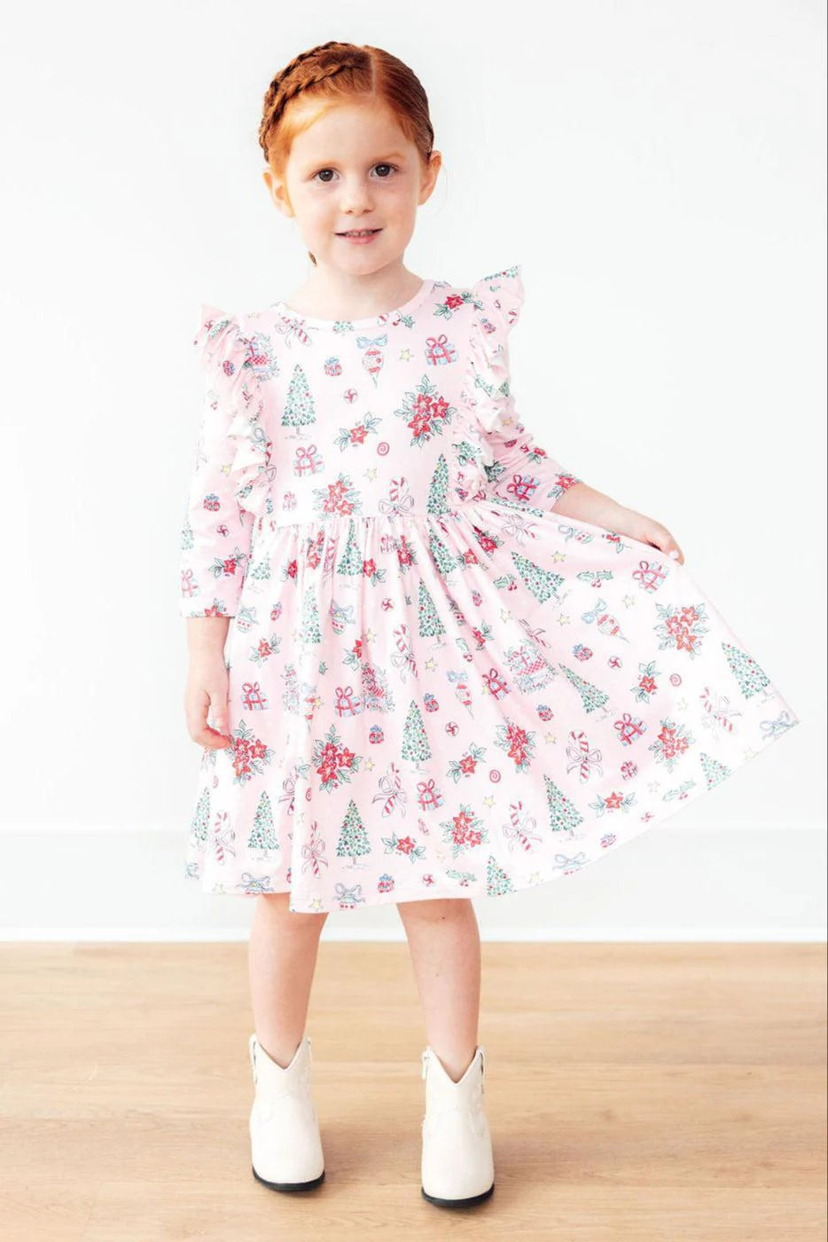 Pink Christmas 3/4 Sleeve Ruffle Twirl Dress - Doodlebug's Children's Boutique