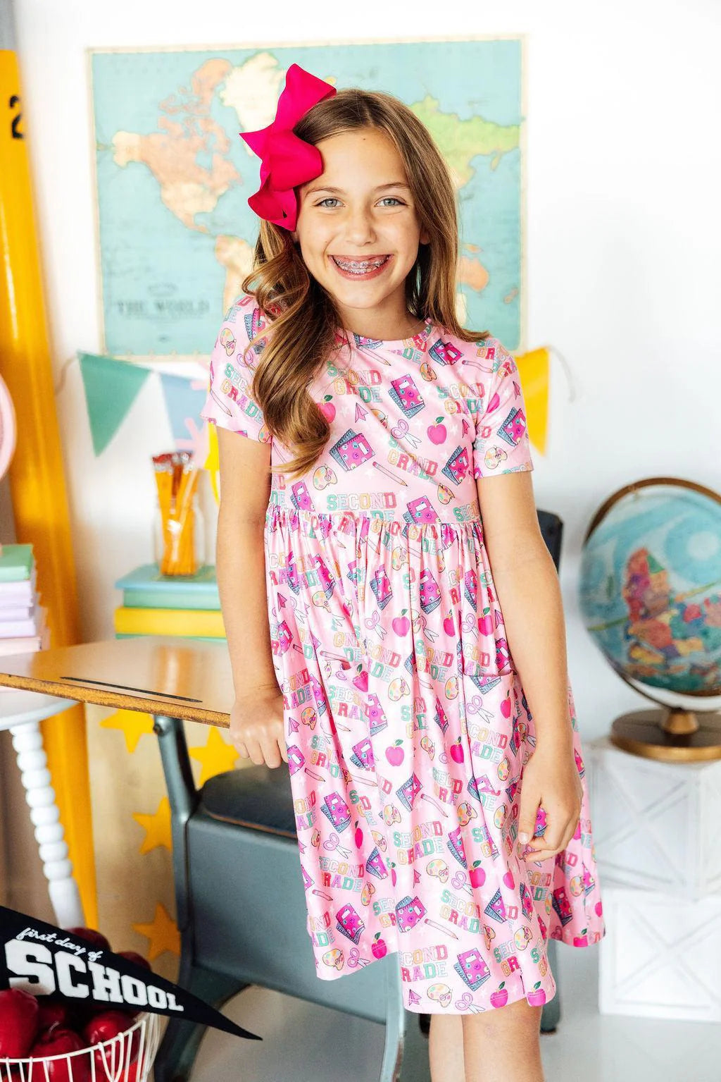 Second Grade Short Sleeve Pocket Twirl Dress - Doodlebug's Children's Boutique