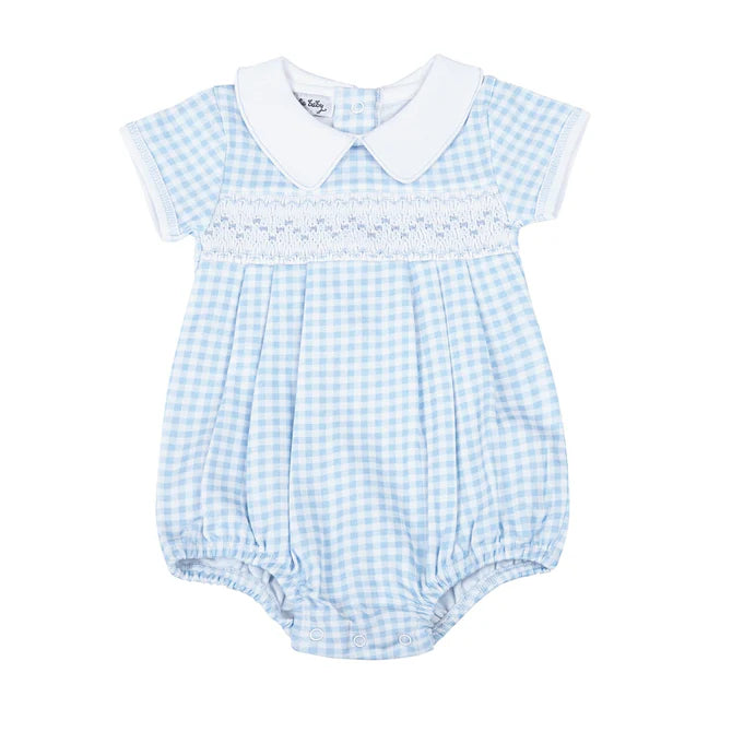 Blue Mini Checks Smocked Bubble  - Doodlebug's Children's Boutique