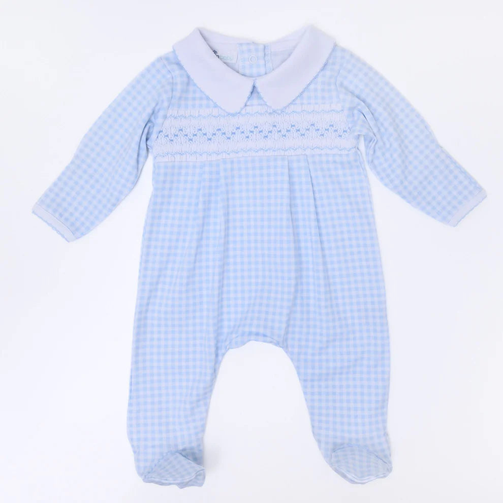Mini Checks Smocked Collared Footie in Blue - Doodlebug's Children's Boutique