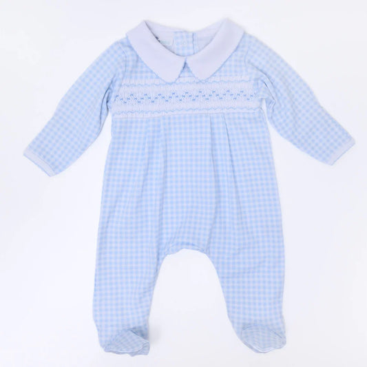Mini Checks Smocked Collared Footie in Blue - Doodlebug's Children's Boutique