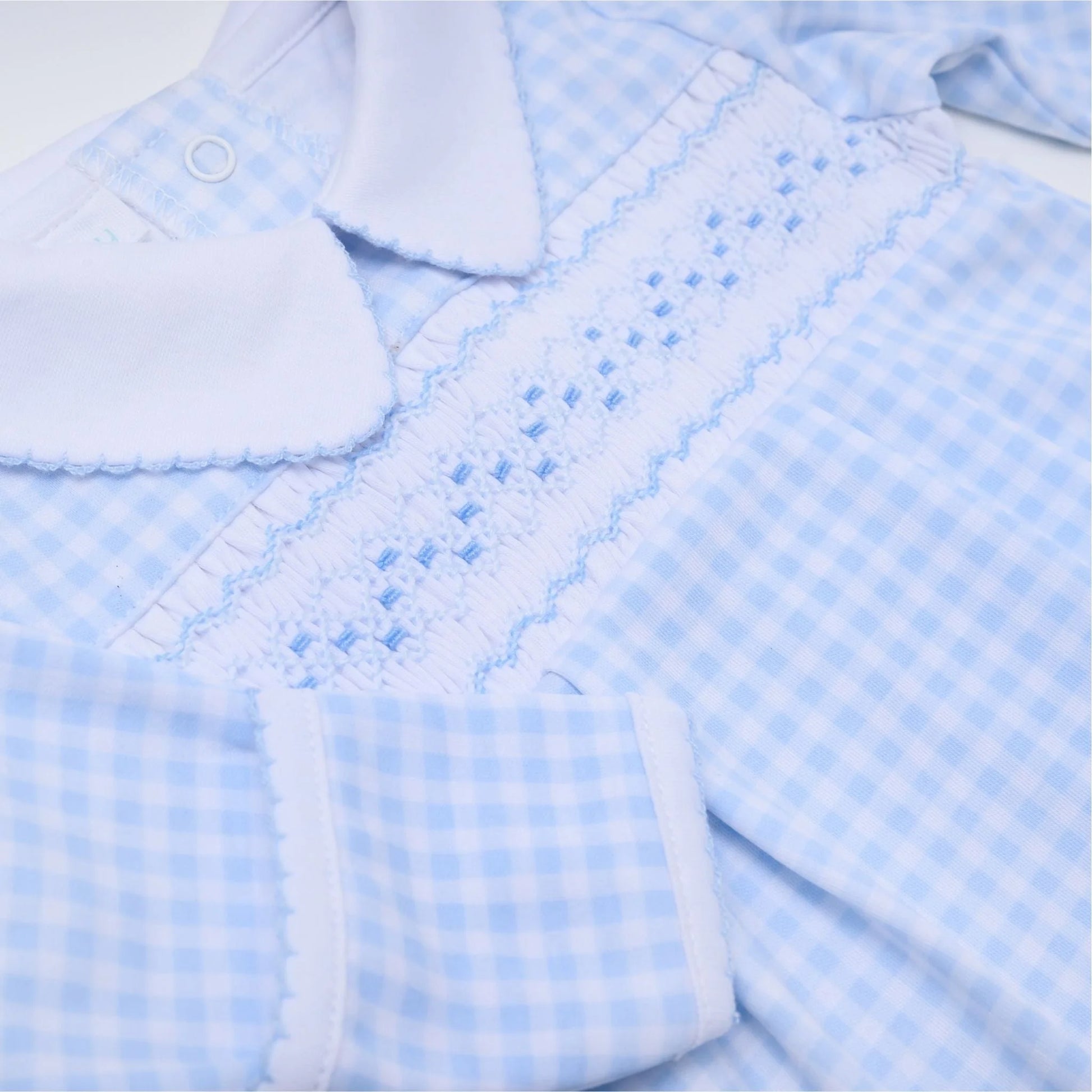 Mini Checks Smocked Collared Footie in Blue - Doodlebug's Children's Boutique