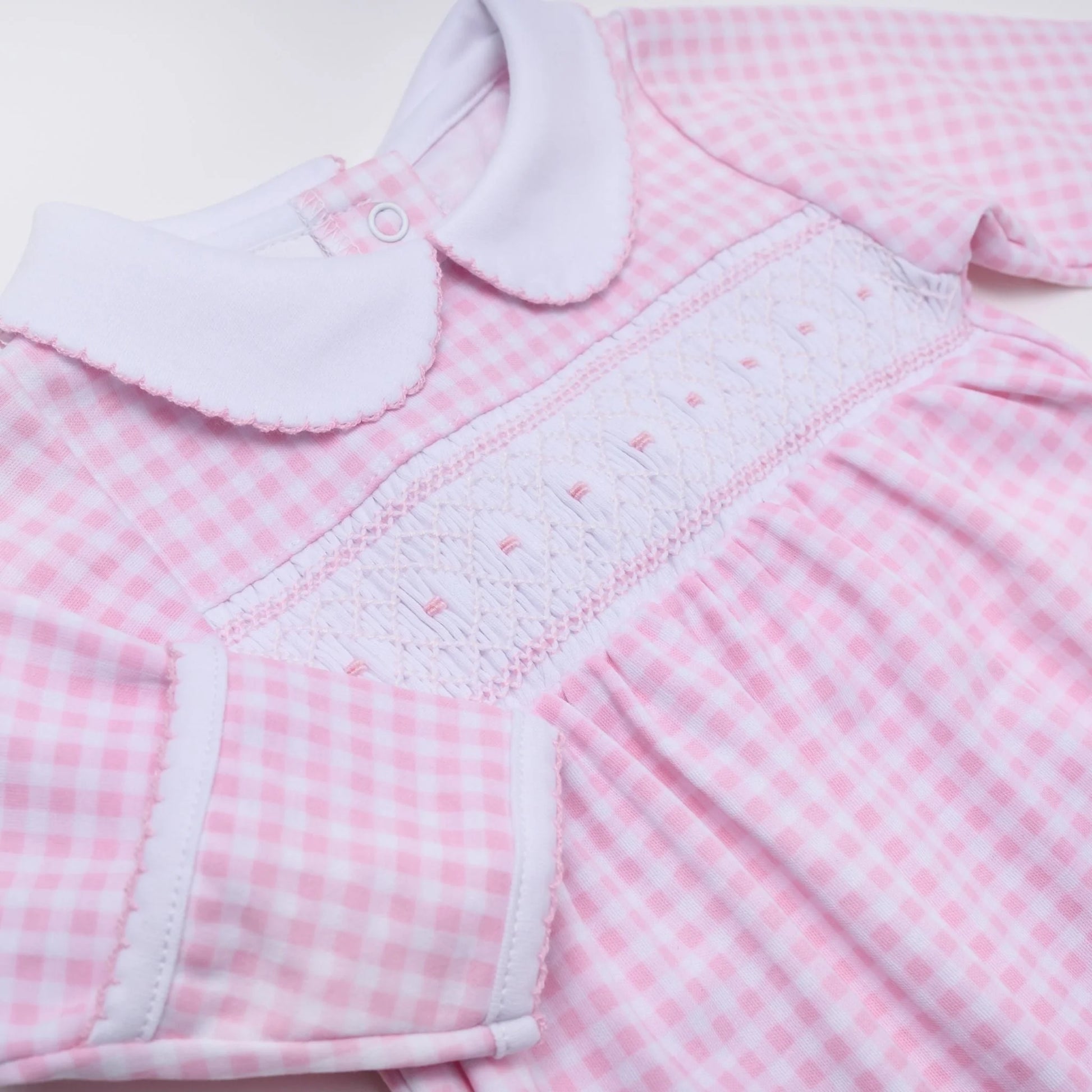 Mini Checks Smocked Collared Footie in Pink - Doodlebug's Children's Boutique