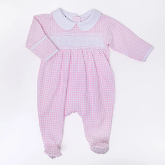 Mini Checks Smocked Collared Footie in Pink - Doodlebug's Children's Boutique