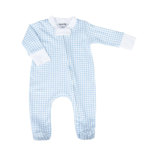 Blue Mini Checks Zip Footie  - Doodlebug's Children's Boutique