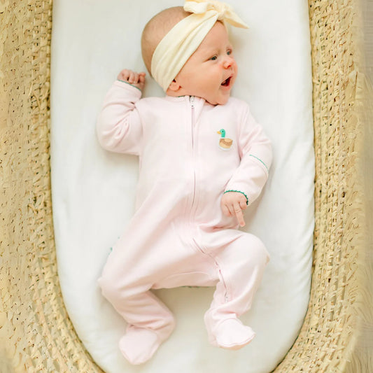Mini Mallard Embroidered Ruffle Zip Footie in Pink - Doodlebug's Children's Boutique
