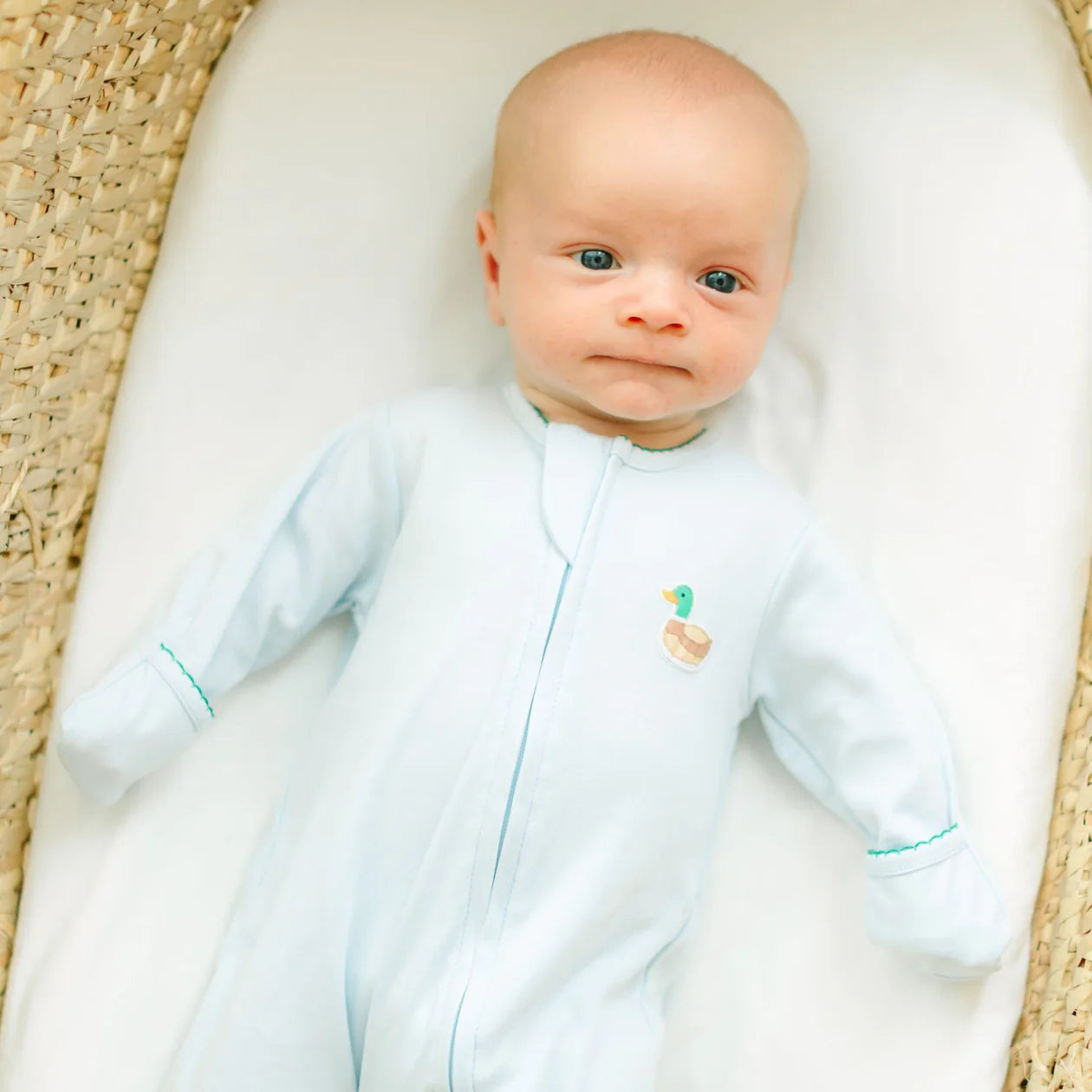 Mini Mallard Embroidered Zip Footie in Blue - Doodlebug's Children's Boutique