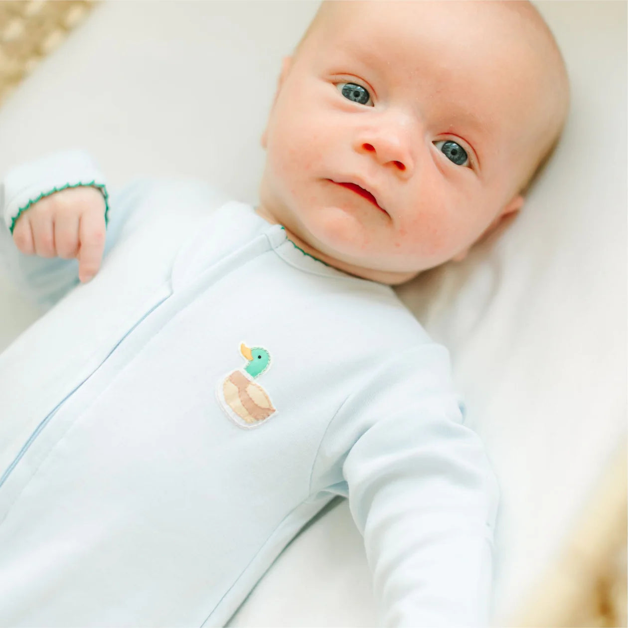 Mini Mallard Embroidered Zip Footie in Blue - Doodlebug's Children's Boutique