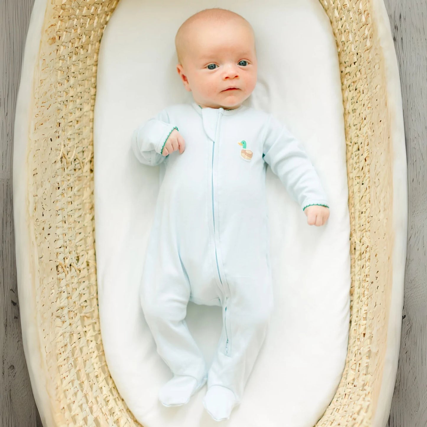 Mini Mallard Embroidered Zip Footie in Blue - Doodlebug's Children's Boutique