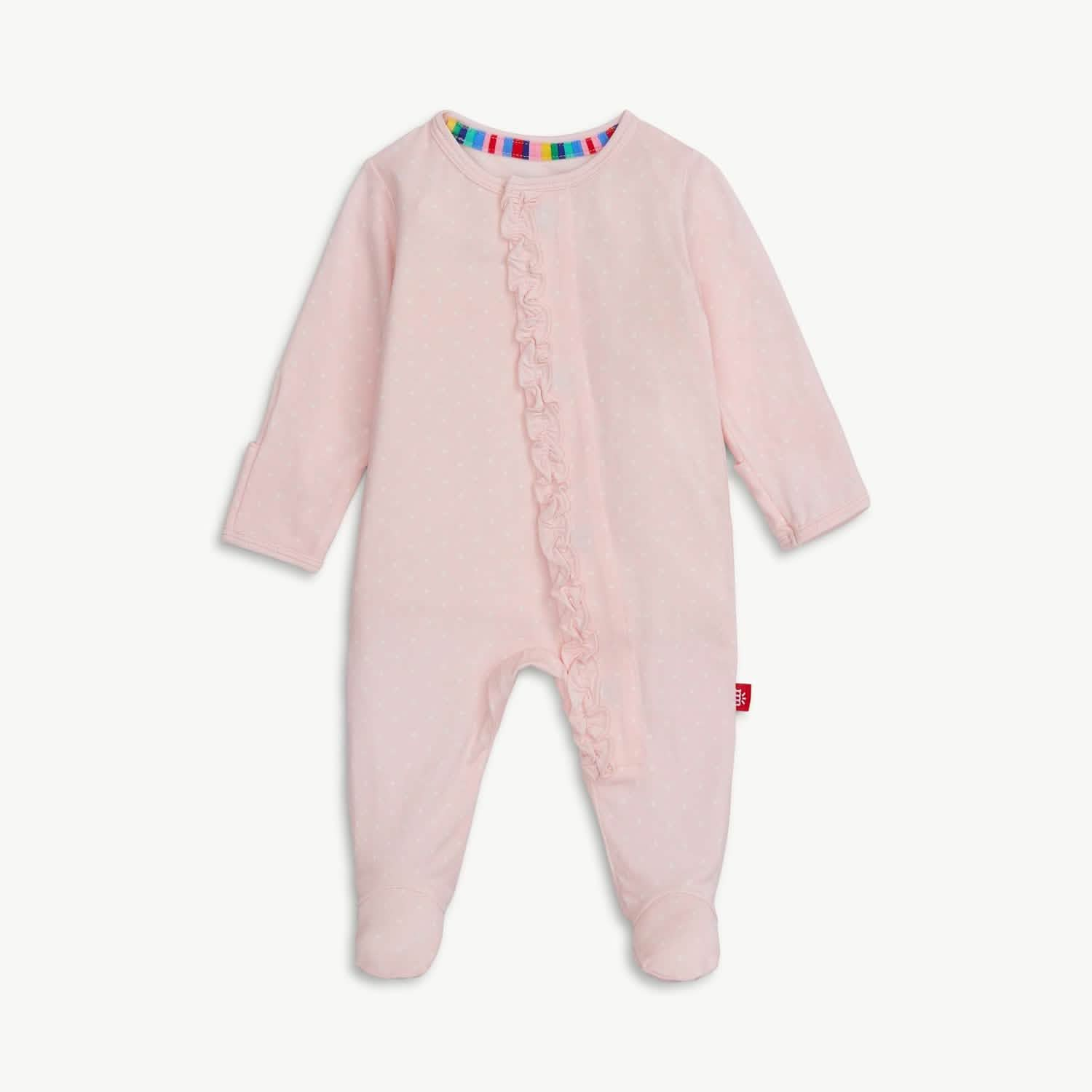 Pin Dot Pink Modal Magnetic Ruffle Footie - Doodlebug's Children's Boutique