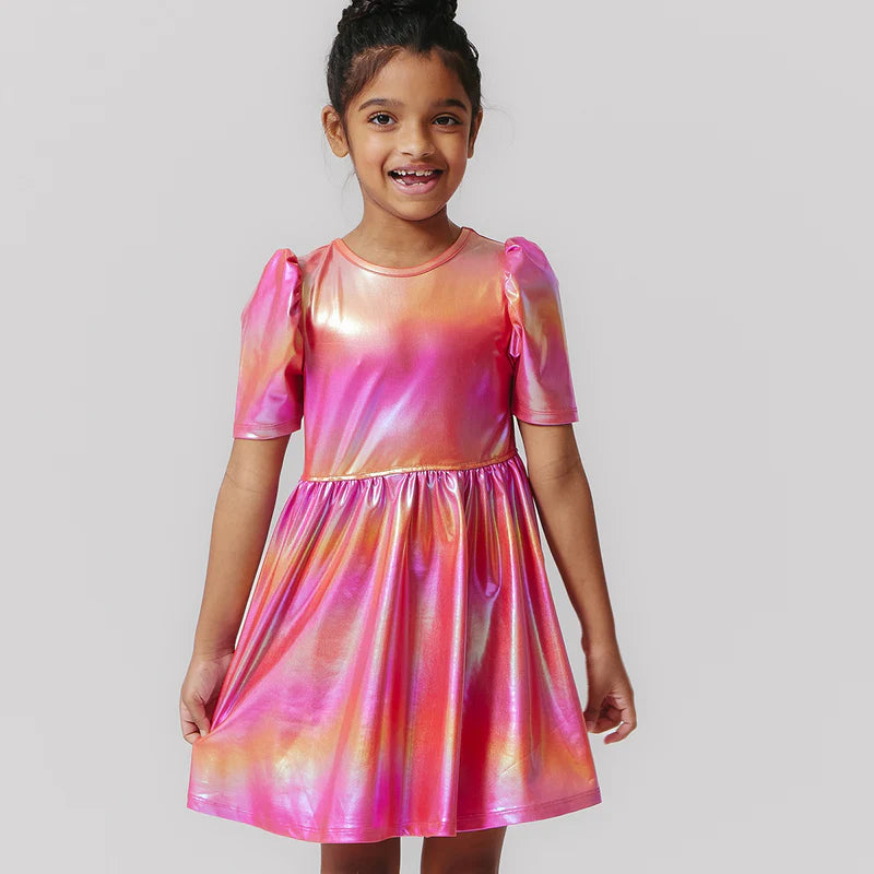 Laurie Dress in Rainbow Pink Lame'  - Doodlebug's Children's Boutique