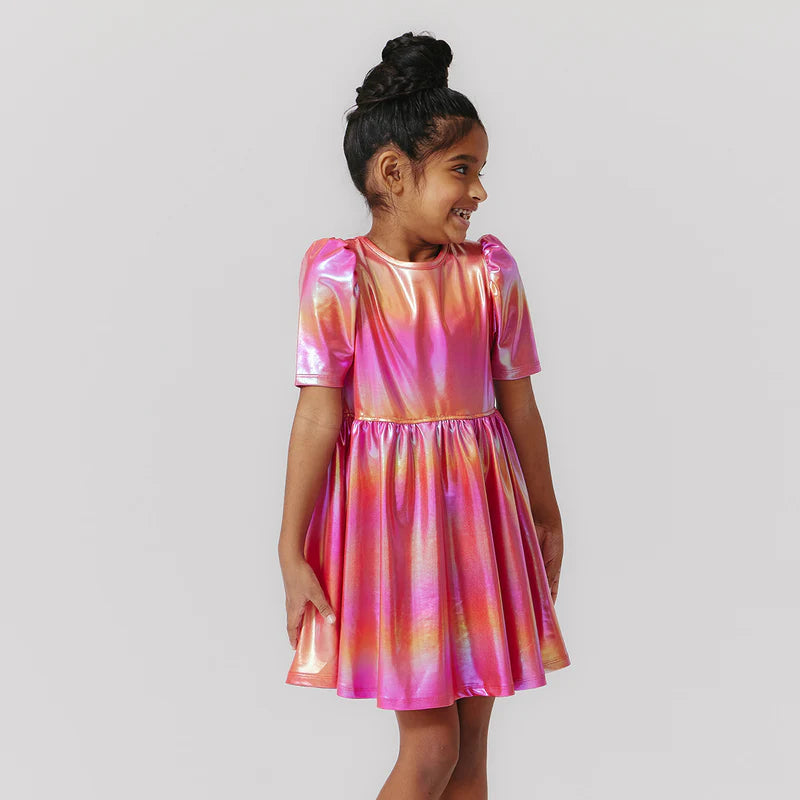 Laurie Dress in Rainbow Pink Lame'  - Doodlebug's Children's Boutique