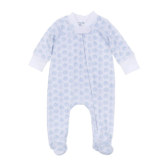 Precious Pumpkins Zip Footie in Blue - Doodlebug's Children's Boutique
