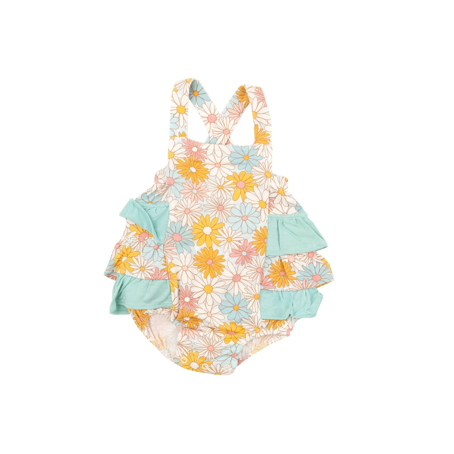 Ruffle Sunsuit in Good Vibes Daisy  - Doodlebug's Children's Boutique