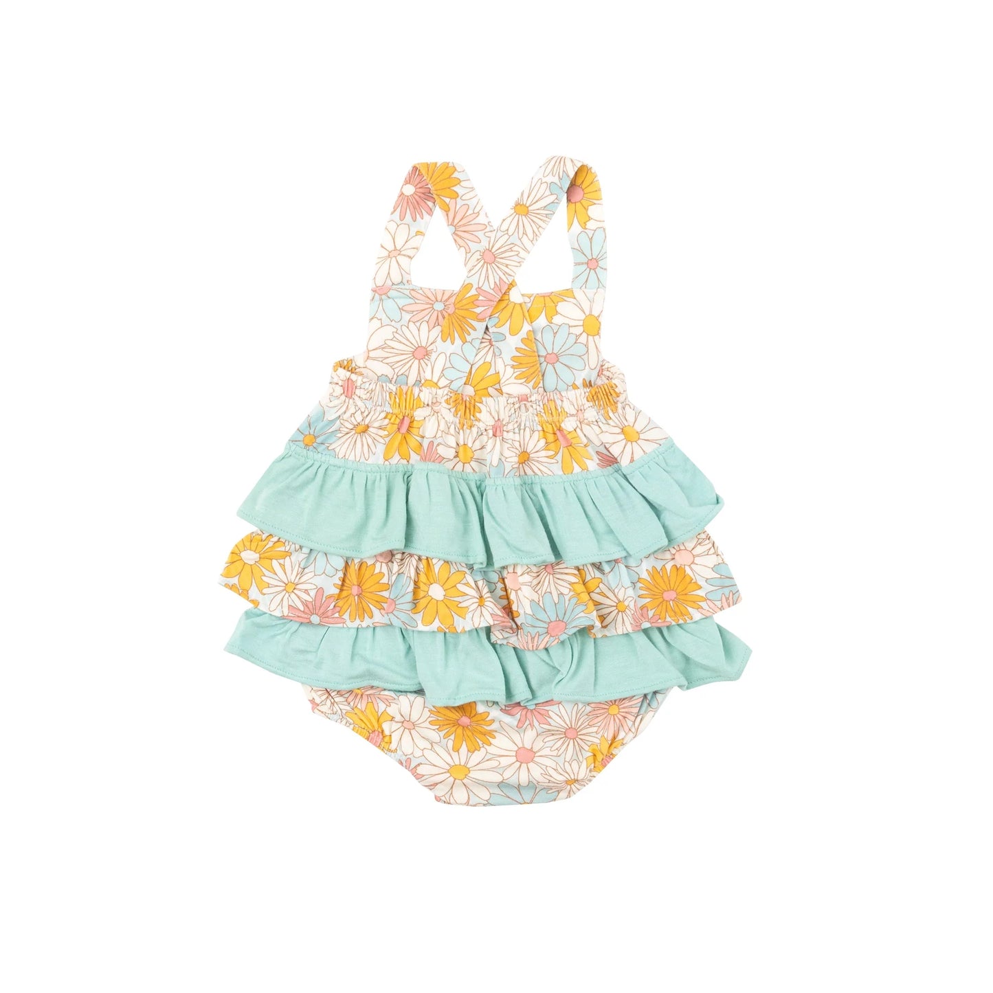 Ruffle Sunsuit in Good Vibes Daisy  - Doodlebug's Children's Boutique