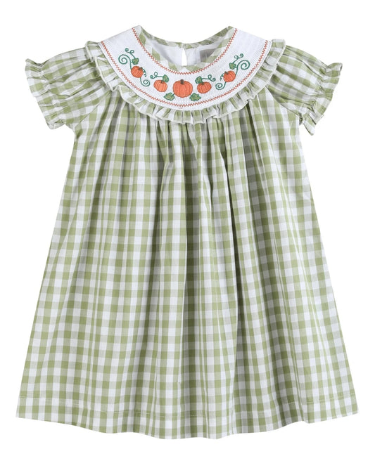 Sage Green Gingham Pumpkin Smocked Bishop Dress