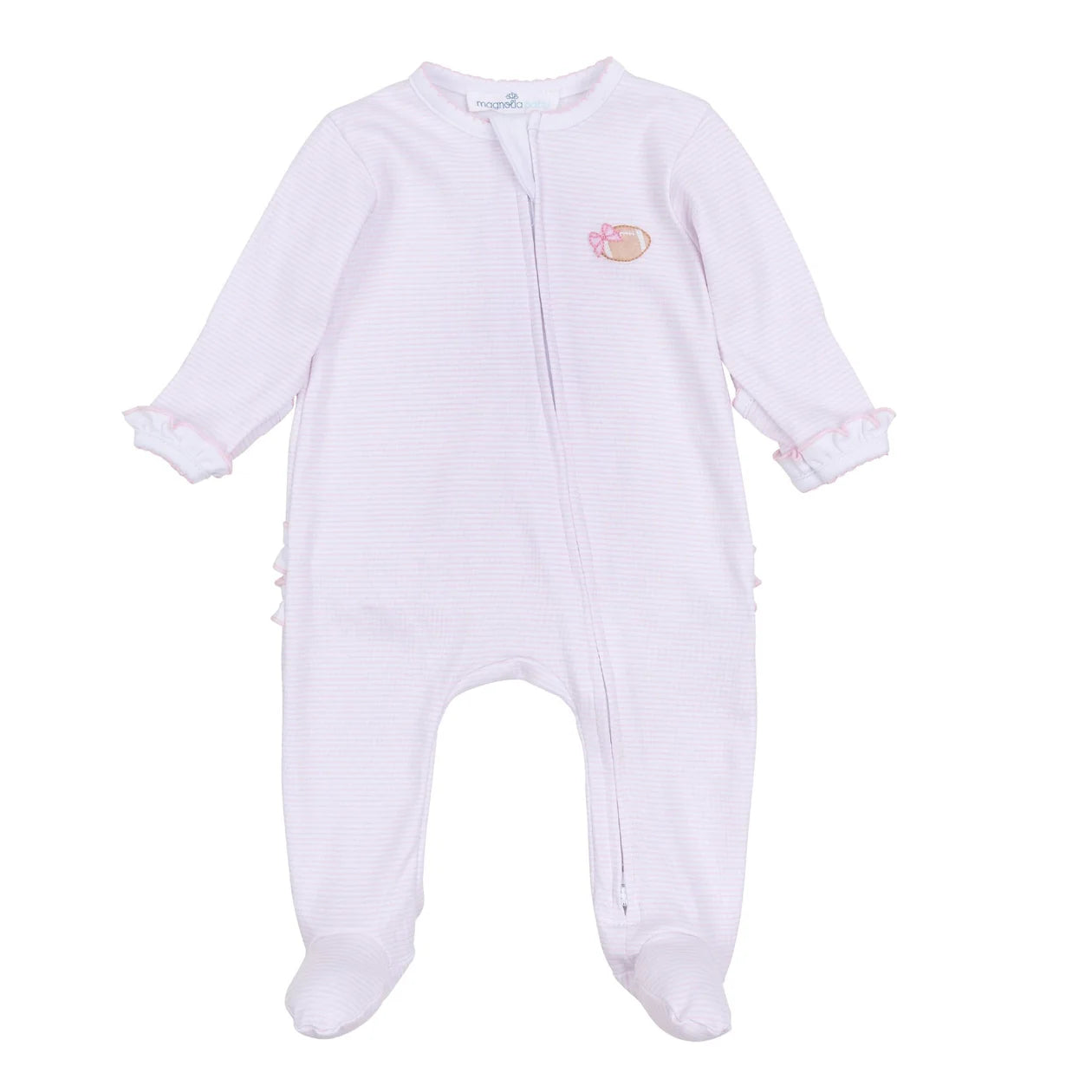 Touchdown Cutie Embroidered Ruffle Zip Footie in Pink Stripe - Doodlebug's Children's Boutique