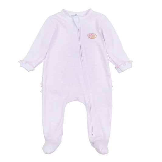 Touchdown Cutie Embroidered Ruffle Zip Footie in Pink Stripe - Doodlebug's Children's Boutique