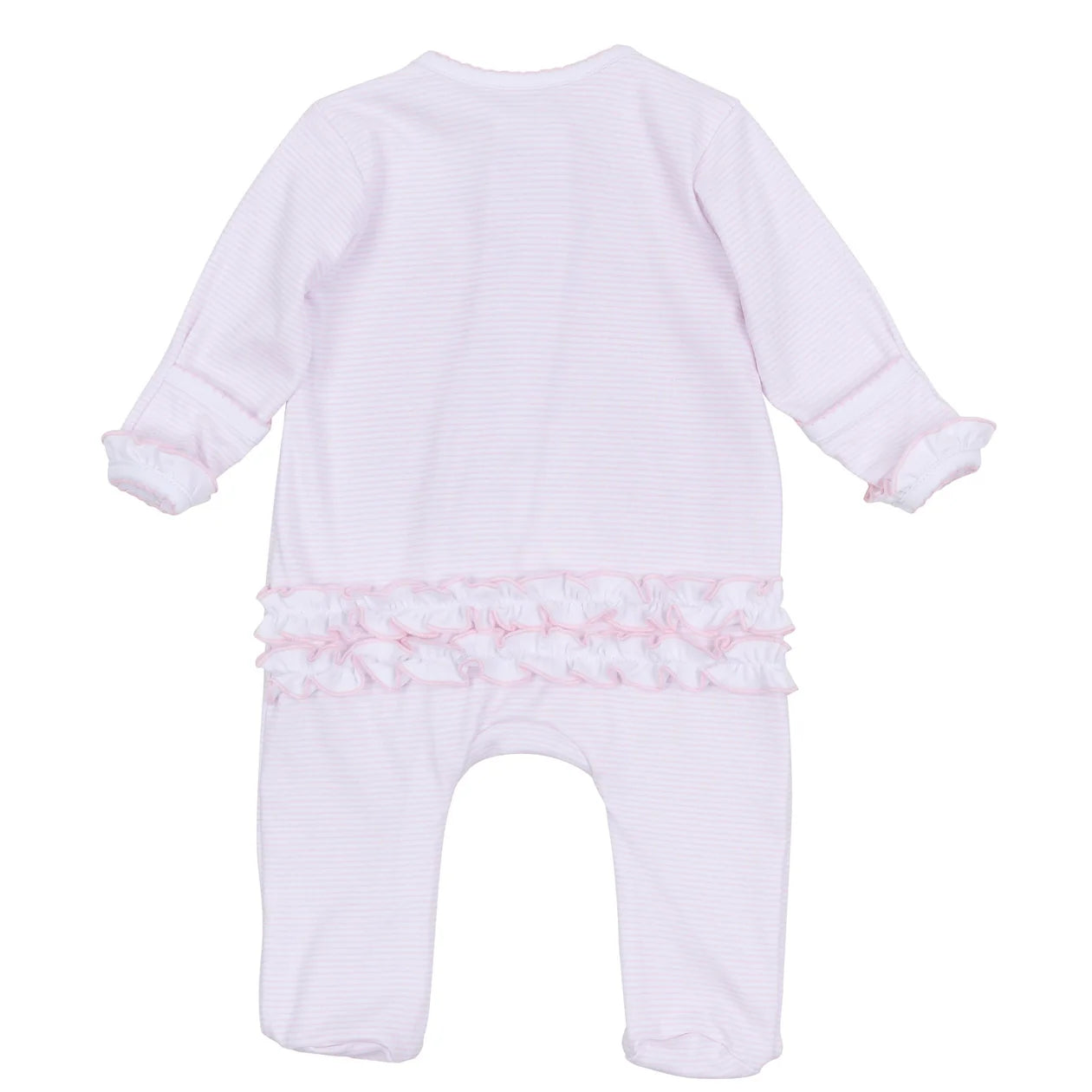 Touchdown Cutie Embroidered Ruffle Zip Footie in Pink Stripe - Doodlebug's Children's Boutique