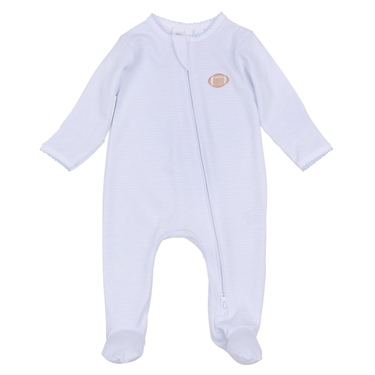 Touchdown Cutie Embroidered Zip Footie in Blue Stripe - Doodlebug's Children's Boutique