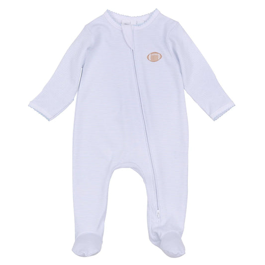 Touchdown Cutie Embroidered Zip Footie in Blue Stripe - Doodlebug's Children's Boutique