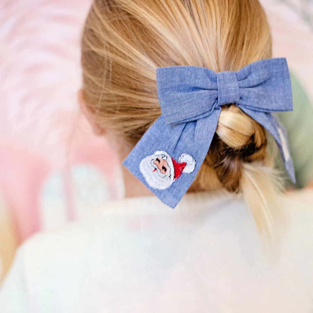 Santa Embroidered Chambray Bow  - Doodlebug's Children's Boutique