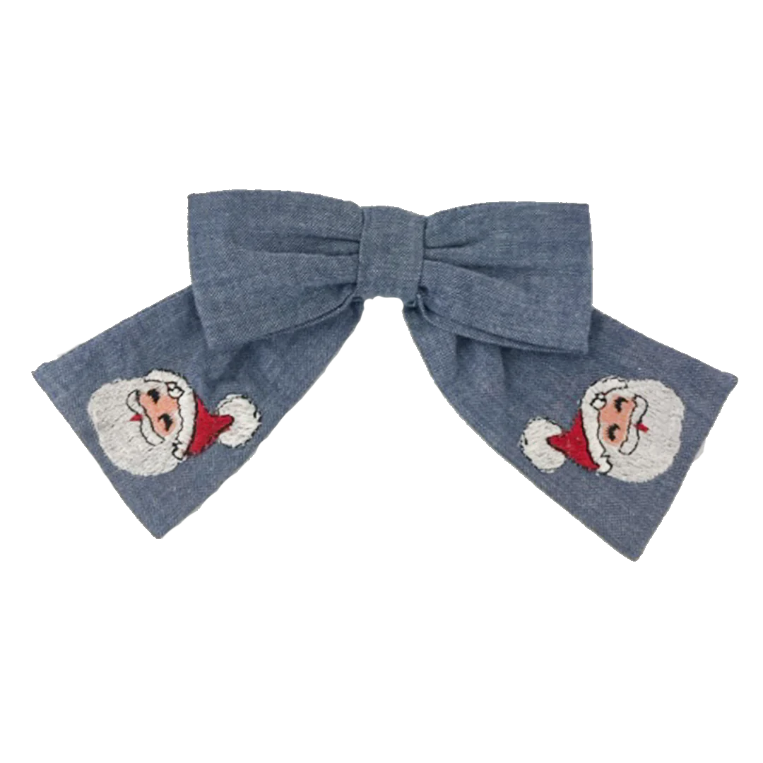 Santa Embroidered Chambray Bow  - Doodlebug's Children's Boutique