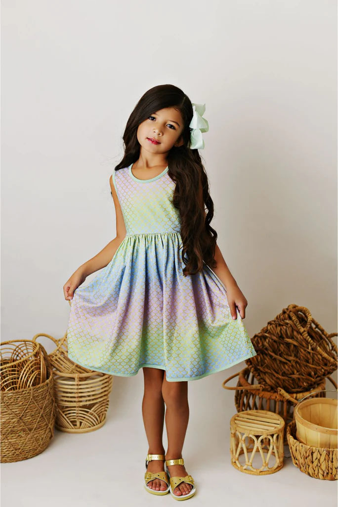 Ombre Under The Sea Peony Bow Dress  - Doodlebug's Children's Boutique