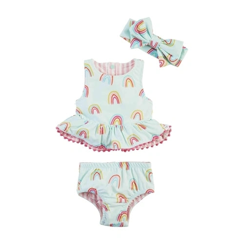 Rainbow and Stripe Reversible Swimsuit and Headband  - Doodlebug's Children's Boutique