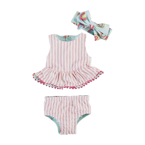 Rainbow and Stripe Reversible Swimsuit and Headband  - Doodlebug's Children's Boutique