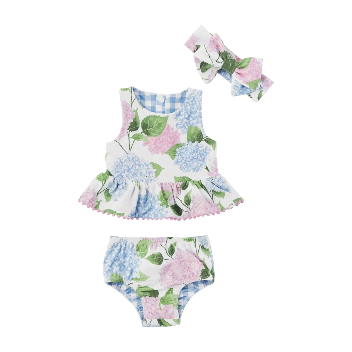 Hydrangea and Gingham Reversible Swimsuit and Headband  - Doodlebug's Children's Boutique