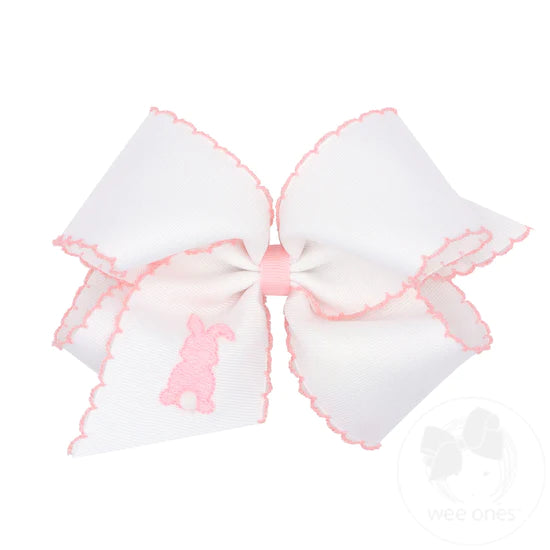 Medium Pink Easter Bunny Grosgrain Bow with Moonstitch  - Doodlebug's Children's Boutique